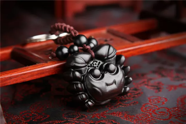 3D Ebony Wood Carving Chinese Geomancy Crab Statue Sculpture Pendant Key Chain