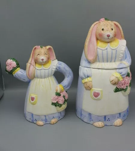 Bunny Rabbit Tea Pot Cookie Jar Canister Set in Dresses Cook's Bazaar