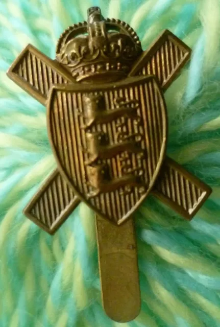 Royal Jersey Light Infantry Cap Badge KC BRASS Slider ANTIQUE Org