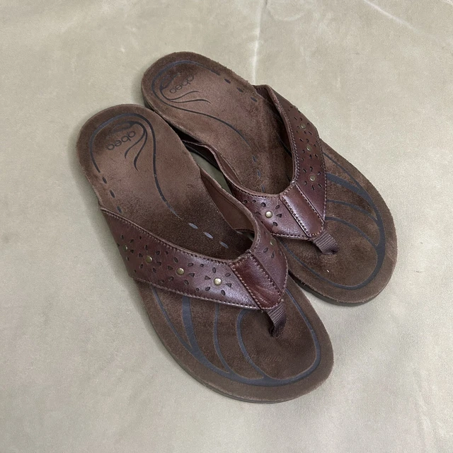 Abeo Abbie Brown Perforated Leather Brass Thong Flip Flop Sandals 8