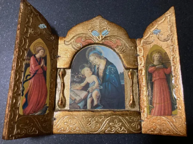 VTG Madonna & Child Florentine Wood Triptych Icon Gold Gilt Gilded ITALY Italian