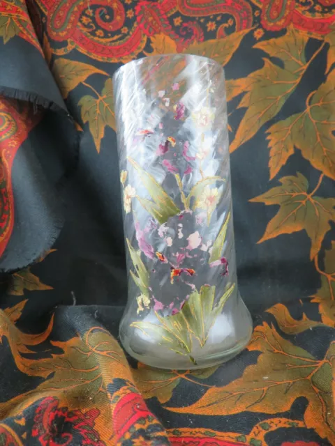 ancien vase epoque 1900 en verre émaillé  decor floral