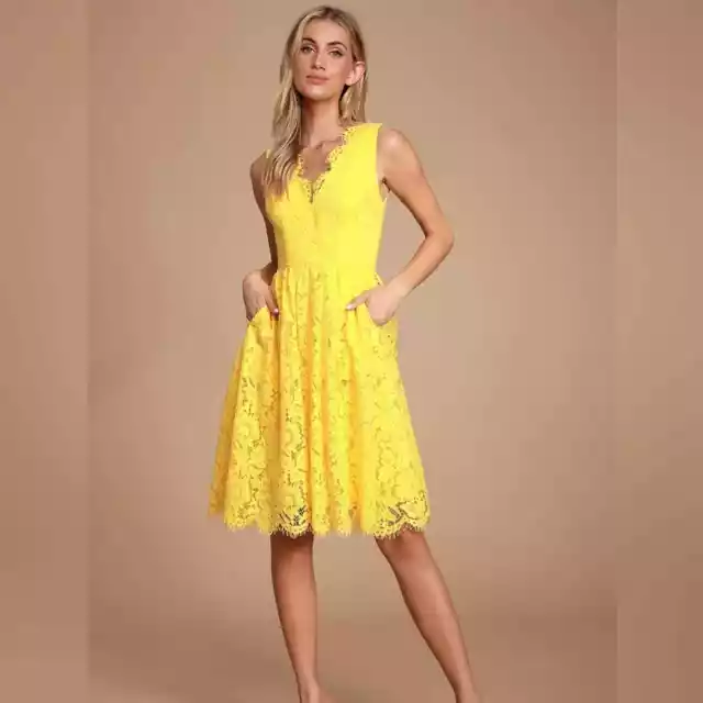 LULUS Love Swept Yellow Lace Midi Skater Dress Sz XS NWT