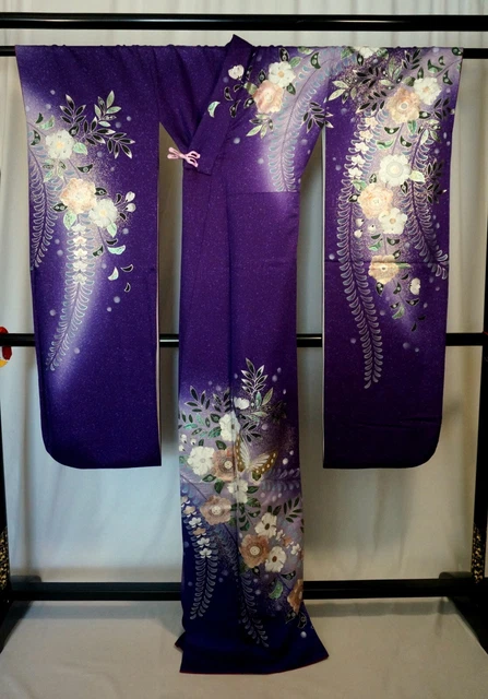 Japanese kimono SILK"FURISODE" long sleeves,Gold /Silver,Tujiga-Hana, L5'5".3398