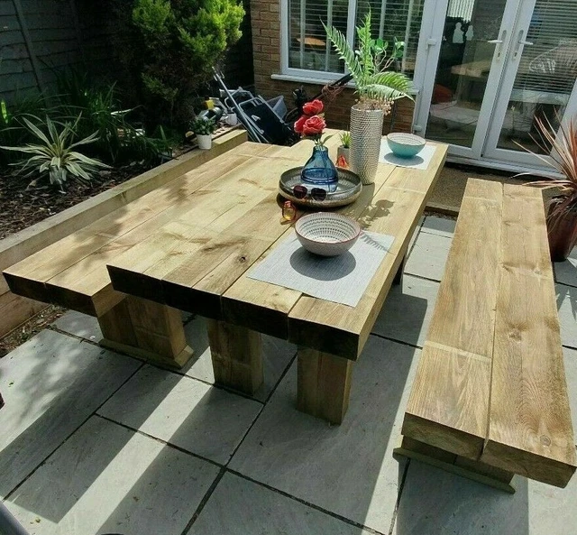 RUSTIC RAILWAY SLEEPER Garden Table and Benches Wooden Garden