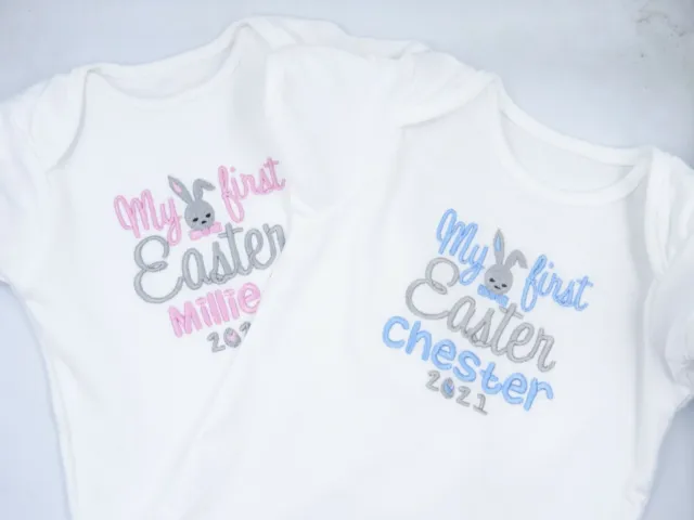 Personalised Embroidered MY FIRST EASTER - BUNNY - BABY BIB GROW VEST BODYSUIT