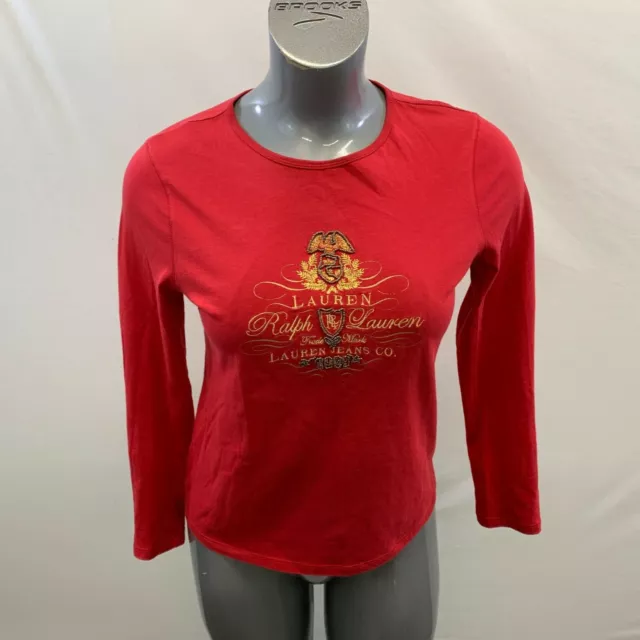 Lauren Ralph Lauren Petite Long Sleeve T Shirt Women's Size PM Red Beaded