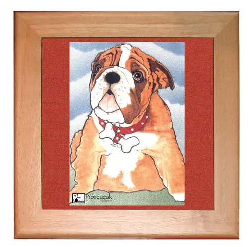 Bulldog Dog Kitchen Ceramic Trivet Framed in Pine 8" x 8"