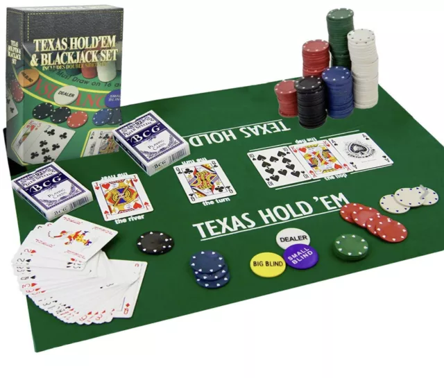 Poker Blackjack Texas Hold em Complete Casino Game Set Cards Chips Mat