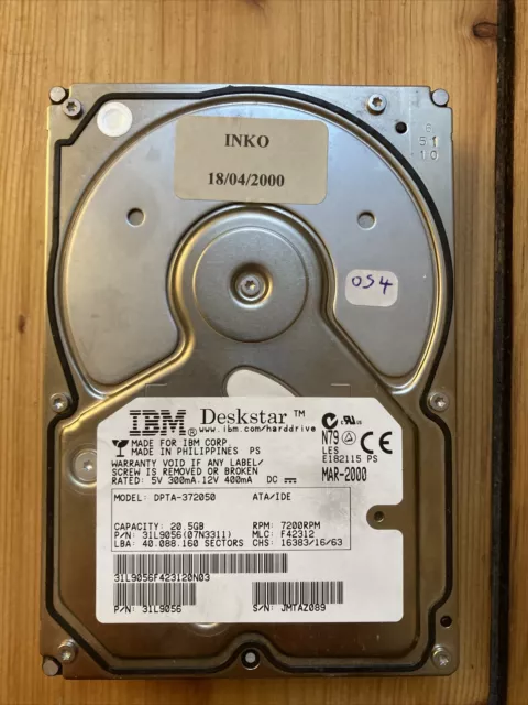 Vintage HDD IDE ATA IBM Deskstar DPTA-372050 34GXP 20,5GB Intern 7200RPM 31L9056