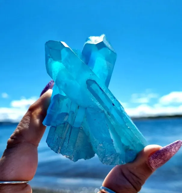 Natural Quartz Crystal Aura Blue Titanium Cluster Mineral Specimen Stone Healing