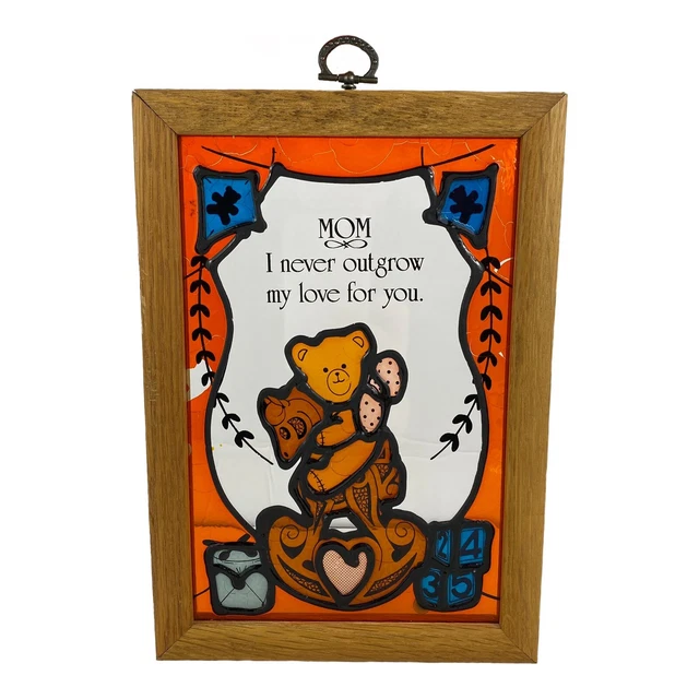 Vtg Stained Glass Wood Framed Teddy Bear Wall Hanging Quote For Mom Suncatcher