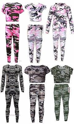 NEW Girls Pink Camo Camouflage Army Tracksuit Crop Top Leggings Jacket Age 2-13