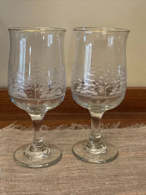 Vintage Wine Glass Clear Frosted Winter Tree Gold Rim Libbey Arbys 1980s Set/2