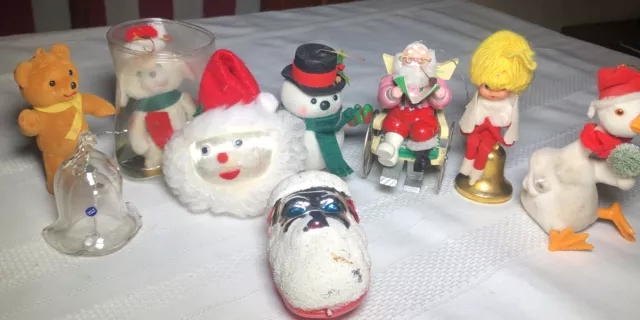 Vintage Lot Christmas Ornaments Santa Flocked Felt Knee Hugger Glass Bells