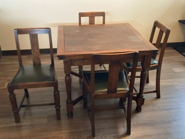 Antique English Draw Leaf Pub Table with Four Original Chairs seats 6