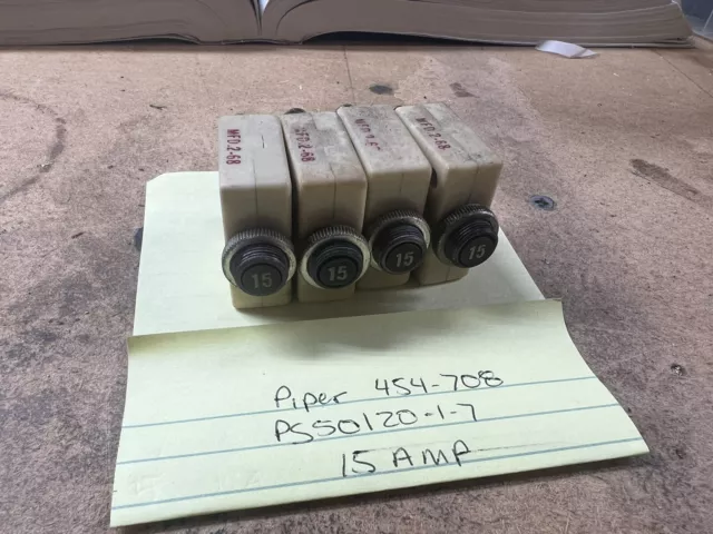 LOT OF 4  Piper Circuit Breakers 15A 454-708 (PS50120-1-7). OEM W58XC4C12A15