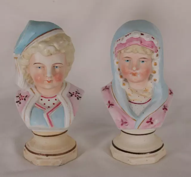 19th Century Victorian German Bisque Porcelain Boy & Girl Bust Set | Hertwig