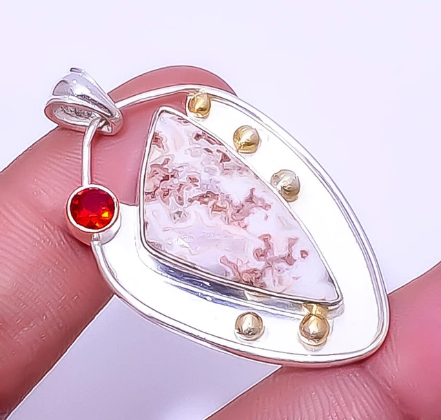 Rosetta Jasper & Garnet Gemstone 925 Sterling Silver Two Tone Pendant 1.95" A343