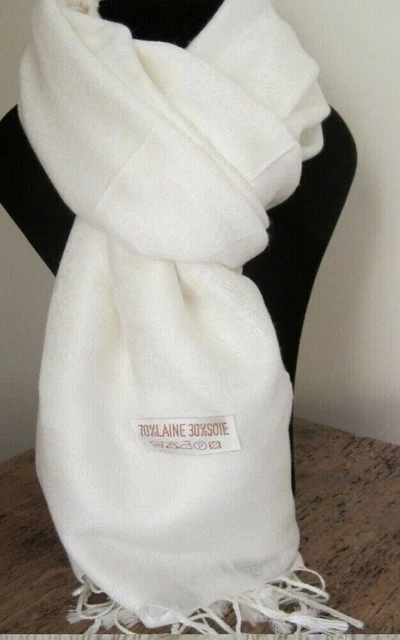 Écharpe Pashmina Laine & Soie – Châle Frangé 70x190 Cm – Blanc – Neuf Avec étiquettes – Homme/Femme