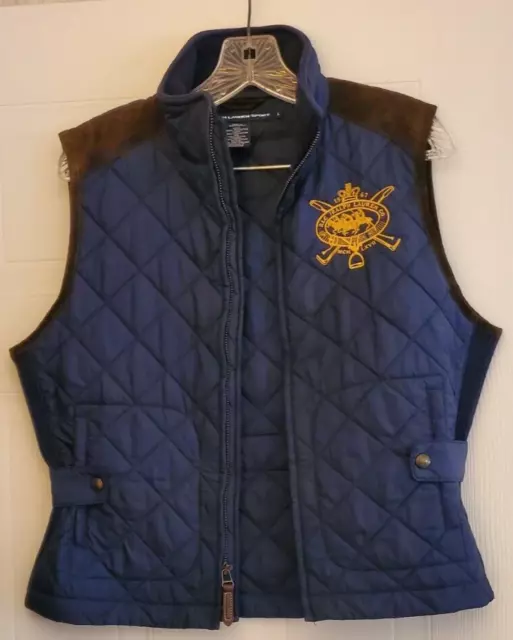 Ralph Lauren Sport Navy Blue Quilted Equestrian Zip Vest Calf Leather Trim  SZ L