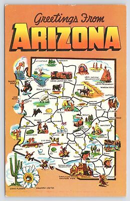 Arizona~State Flower & Pictorial State Map~Vintage Postcard