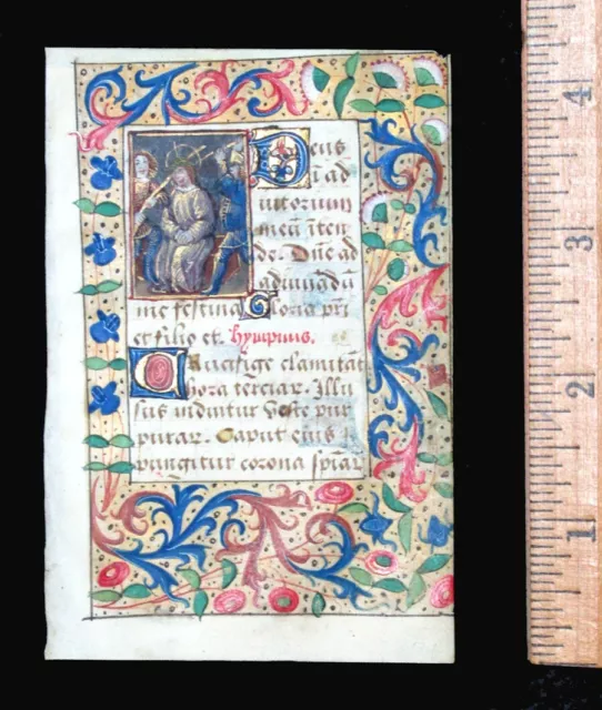 c. 1500 MEDIEVAL BOOK OF HOURS LEAF, FRANCE, ILLUMINATED MINIATURE and BORDERS