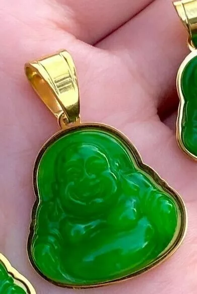 Jade Smiling Laughing Green Buddha Good Fortune Charm Medallion Pendant Gold