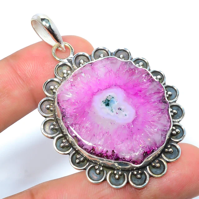 Pink Solar Quartz Eye Gemstone 925 Sterling Silver Pendant 2.34" T23