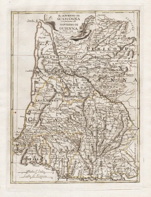 Gascogne Bourdeaux Bayonne Pau Arcachon Mont-de-Marsan Carte Map Borghi 1794