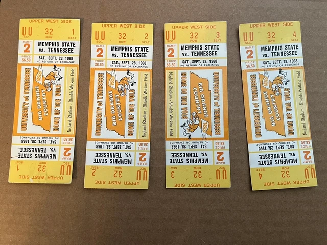 4 - 1968 COMPLETE University of Tennessee vs Memphis State Tickets Sept 28, 1968