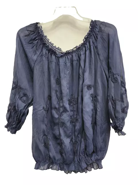 INC International Concepts Womens Peasant Blouse Size 16 Navy Embroidered Sheer