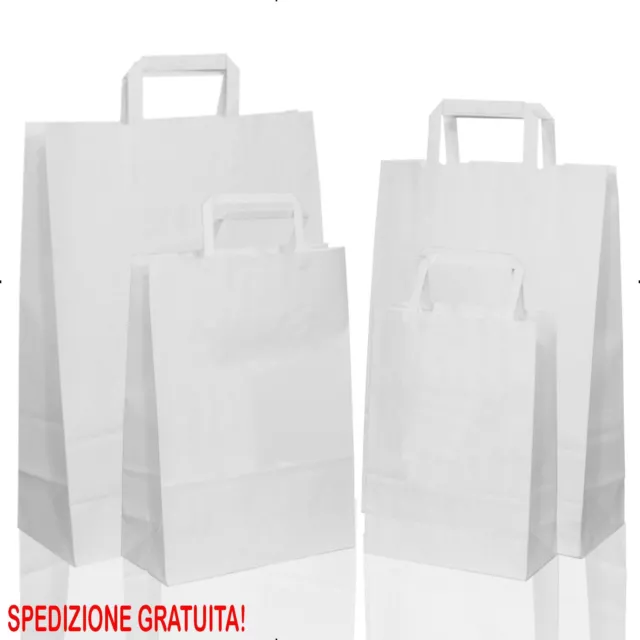 Borsa Shopper Sacchetto Di Carta Manico Piattina Colore Bianco