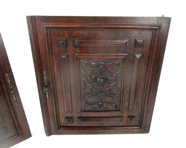 Pair Antique French hand Carved Oak Fish  Door Panels Reclaimed Architectural