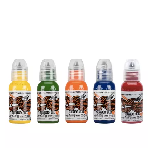 WORLD FAMOUS Tattoo Inks Solar Bright Set of 5 Colors 1/2 oz Bottles Authentic