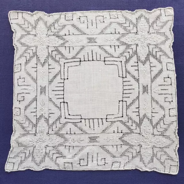 Vintage Elaborate Madeira Gray Embroidery Drawnwork Handkerchief Bridal Wedding