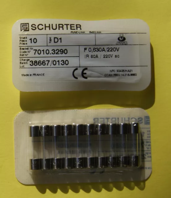 10 Fusibles à cartouche D1 0.63A 125V 5X20 Quick Acting schurter 7010.3290