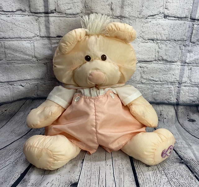 Vintage Puffalumps Peach Bear Cub # 8006 Pink Plush in Romper Fisher Price 1986