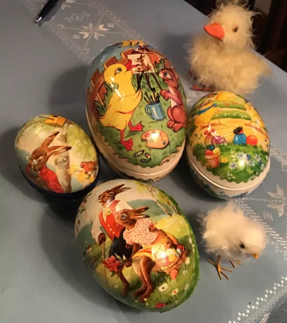 Nice Lot  4 Vintage German Easter Egg Rabbit Candy Containers & 2 Fluffy Chicks