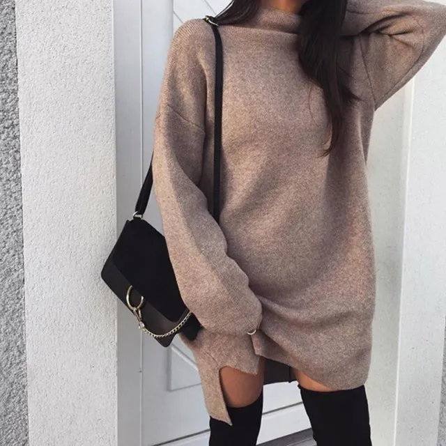 Women loose knitted long sleeve turtleneck slit dress pullover casual top