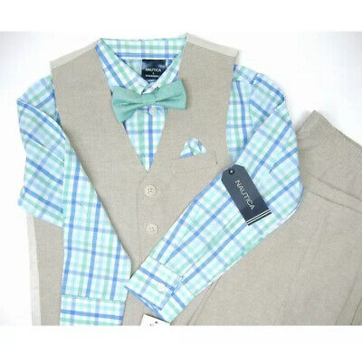 NWT NAUTICA Boys Suit Set Shirt Tie Vest 5 Tan Blue $59 Fall Christmas