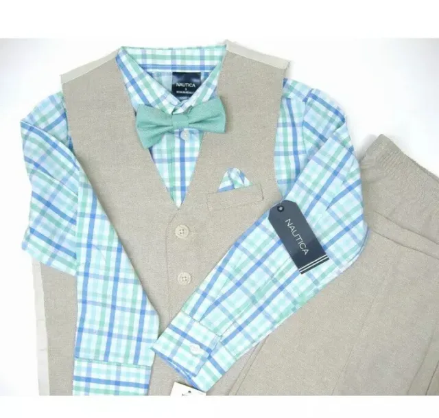 NWT NAUTICA Boys Suit Set Shirt Tie Vest 5 Tan Blue $59  Easter Spring