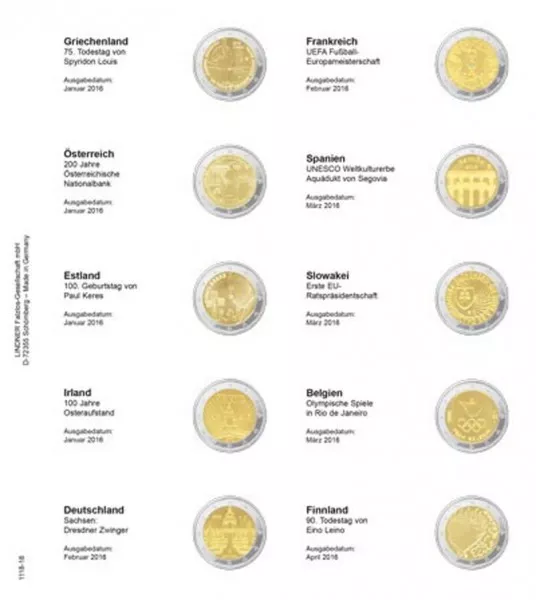 Lindner 1118-18 Vordruckblatt für 2 Euro-Gedenkmünzen: Griechenland Januar 2016