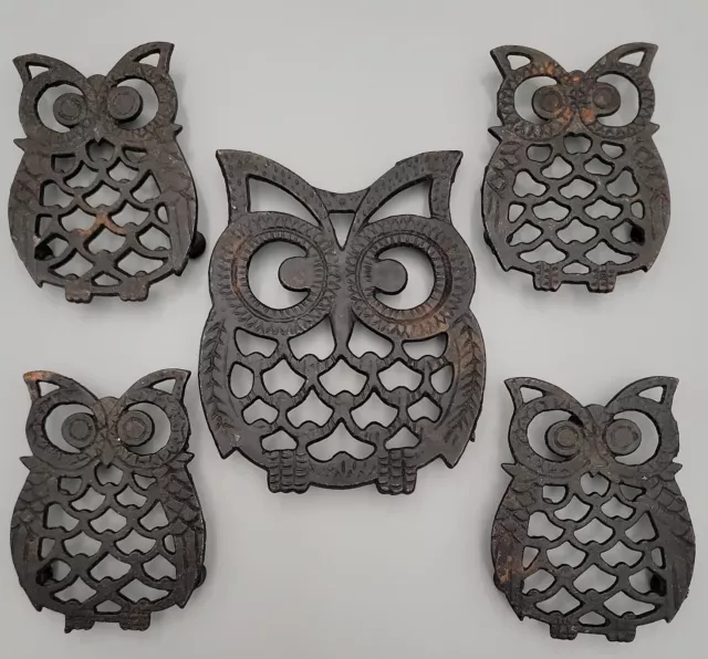 Vtg 1970s Set 5 Mother Owl + 4 Owlets Black Cast Iron Trivets Made Taiwan READ