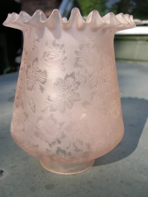 Rare Etched And Frosted Cranberry Glass Miniature Kosmos Kerosene Oil Lamp Shade