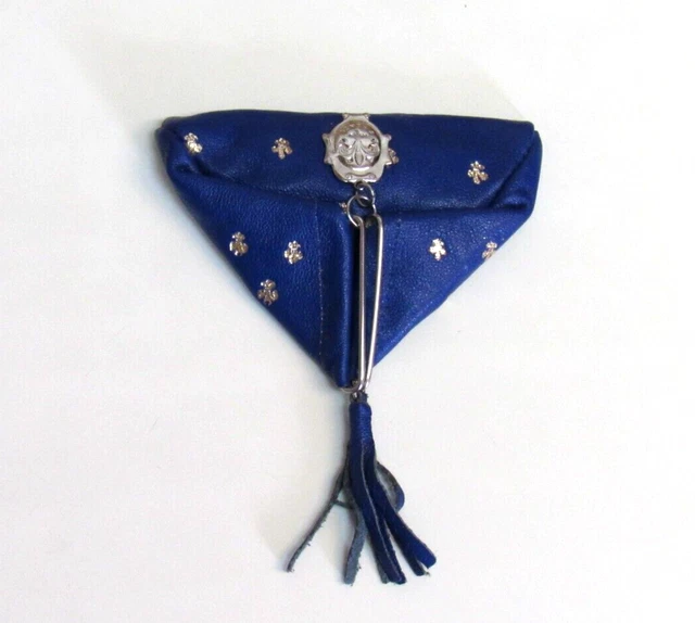 Vintage Firenze  Italian Leather Triangle  Change Purse Blue and Gold w Tassel