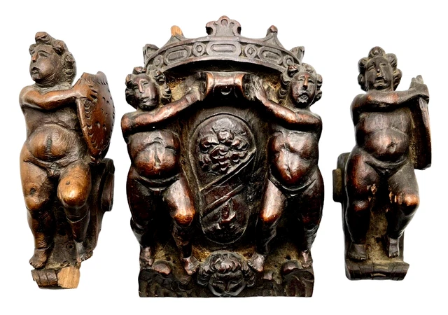 Antique PUTTI CHERUB ANGEL 3pc Carved WOOD CROWN Wooden ART FIGURES Wall Decor