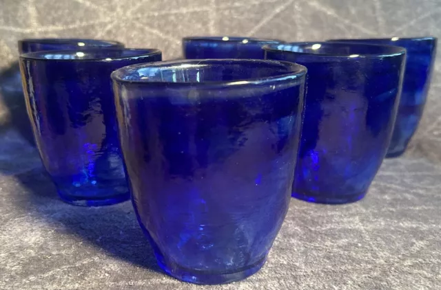 Set Of 6 Tumblers Cobalt Blue Heavy Glass Ribbons Swirl Barware MCM