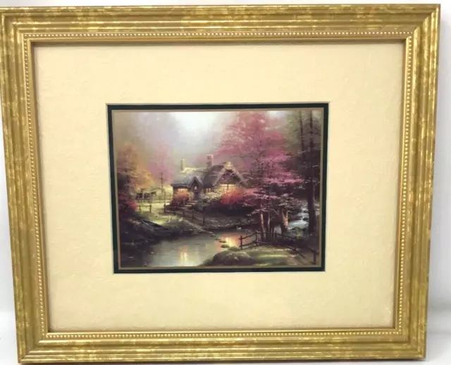 Thomas Kinkade "Stepping Stone Cottage" Print Gold Tone Frame Embossed Mat Glass