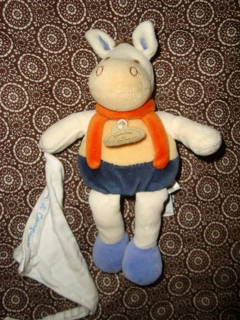 Doudou Et Compagnie Ane Cheval Poney Justin Bleu Orange  Mouchoir 18 Cm